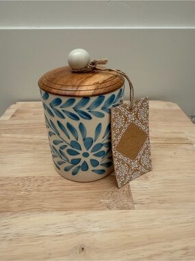 Blue Floral Ceramic Jar with Wooden Lid